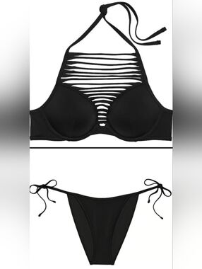 34DD/M/L VS Archives Swim Sexy Tee Side Tie Cheeky Bikini Set Black Tropical